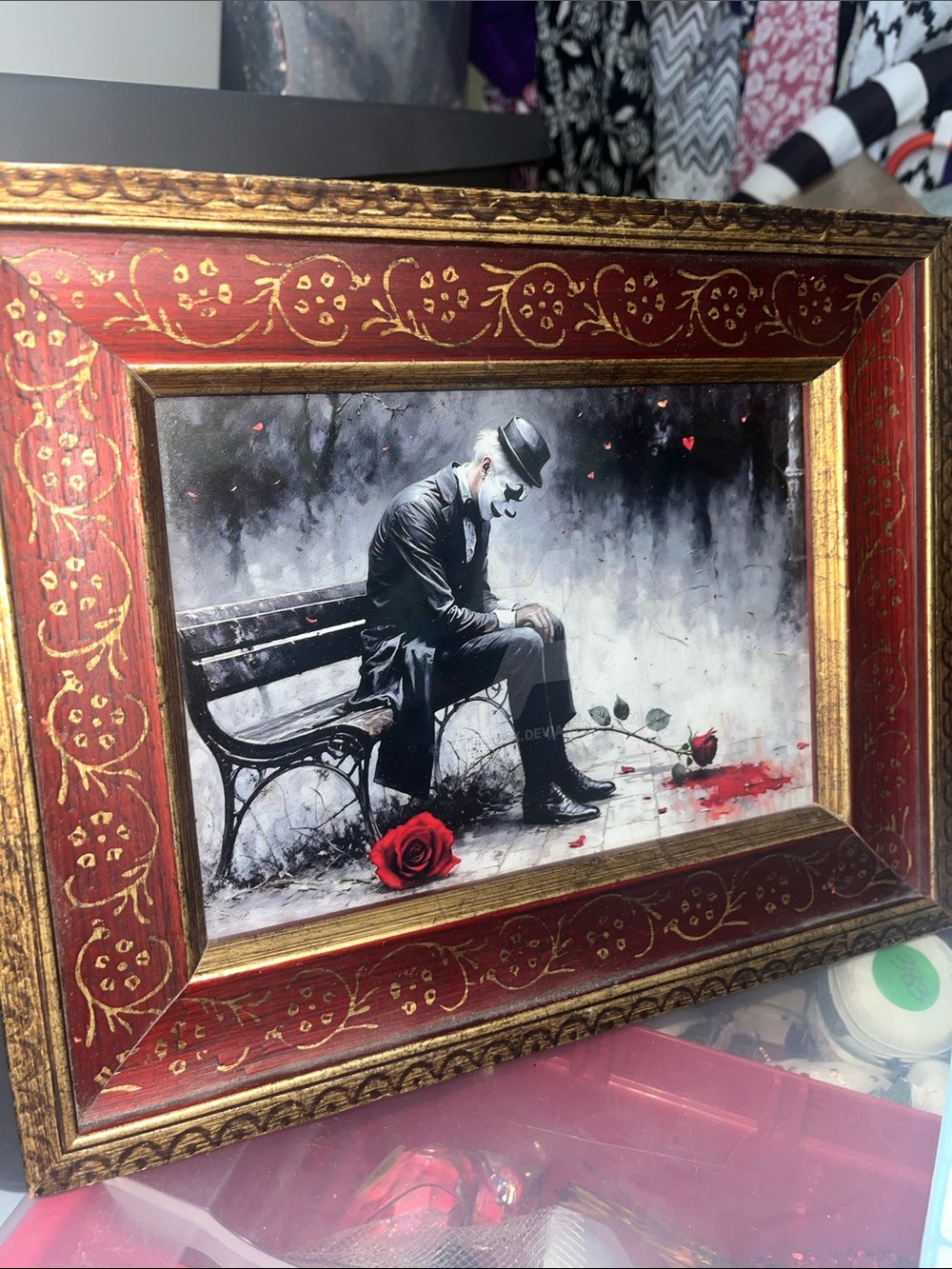 Sadness of a Clown 5 x 7 print in a red & gold frame Monochrome bursts Red 562